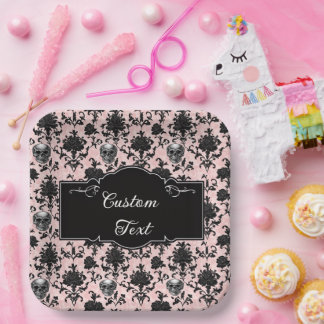 Assiettes En Carton Rose et crânes gothiques rose et noir