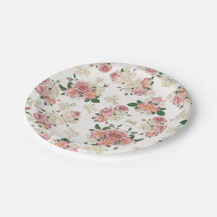 Assiettes En Carton Rose et crème Vintage Floral 