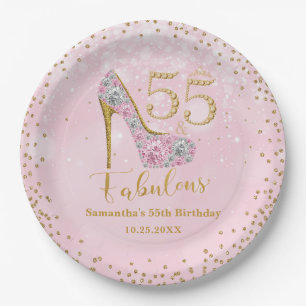 Assiettes En Carton Rose et or Cinquante cinq et fabuleux 55e annivers