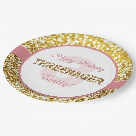 Assiettes En Carton Rose et plats d'anniversaire de threenager d'or (Angle)