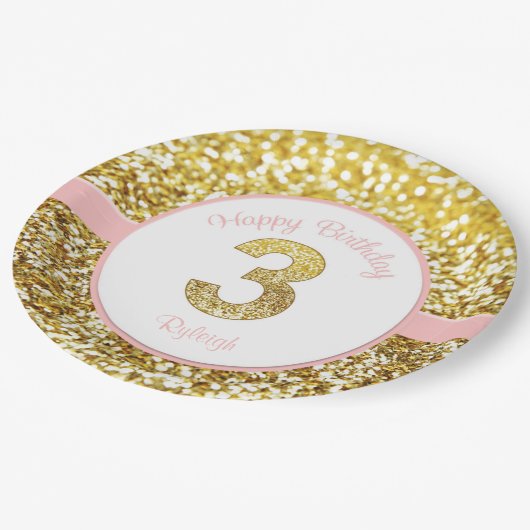 Assiettes En Carton Rose et plats d'anniversaire d'or troisième (Angle)