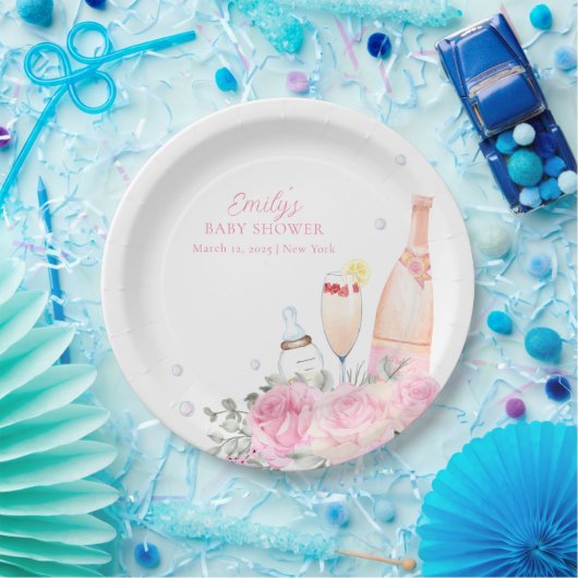 Assiettes En Carton Rose Fleur Poppin Champagne Bouteilles Baby shower (Fête)