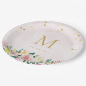 Assiettes En Carton Rose Floral Initial Robe de Mariée (Angle)