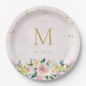 Assiettes En Carton Rose Floral Initial Robe de Mariée (Devant)