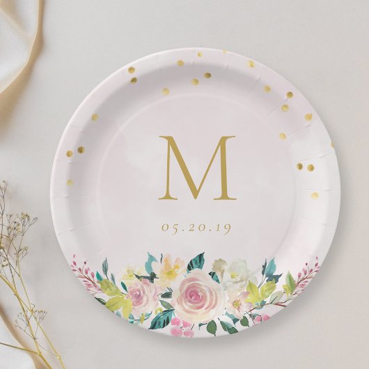 Assiettes En Carton Rose Floral Initial Robe de Mariée