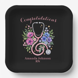 Assiettes En Carton Rose Florale Noire pour la Remise des Diplômes