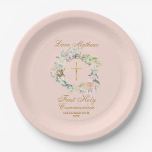 Assiettes En Carton Rose Garland Première Sainte Communion Rose Pâle