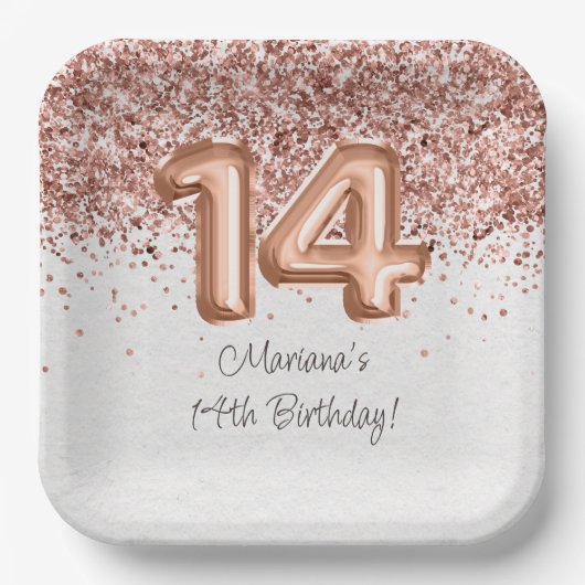 Assiettes En Carton Rose Gold 14e fête d'anniversaire (Recto)