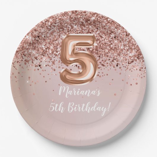 Assiettes En Carton Rose Gold 5e fête d'anniversaire (Devant)