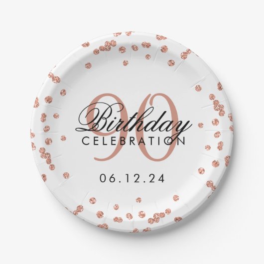 Assiettes En Carton Rose Gold 90th Birthday Parties scintillant Confet (Devant)