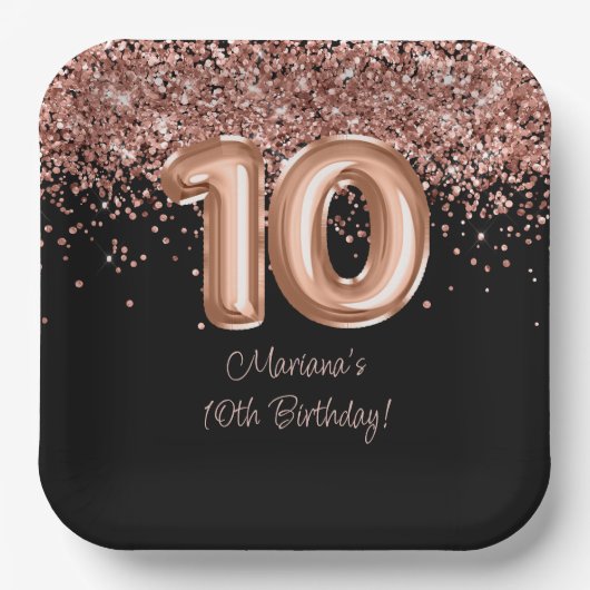 Assiettes En Carton Rose Gold Black 10th Birthday Party (Recto)