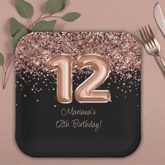 Assiettes En Carton Rose Gold Black 12e fête d'anniversaire
