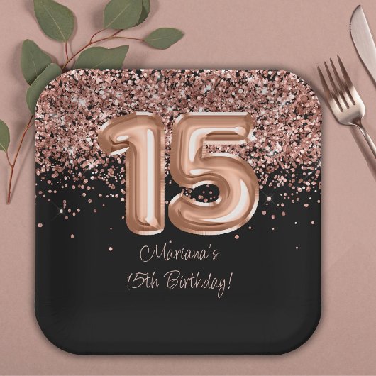 Assiettes En Carton Rose Gold Black 15e fête d'anniversaire