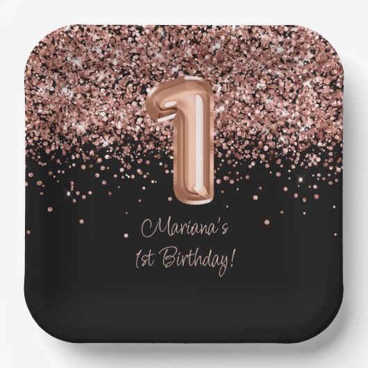 Assiettes En Carton Rose Gold Black 1er anniversaire (Recto)