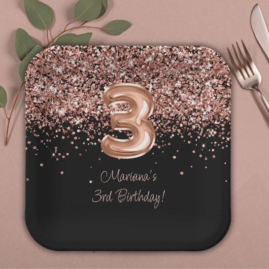 Assiettes En Carton Rose Gold Black 3ème fête d'anniversaire