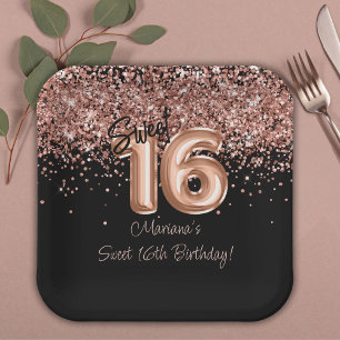 Assiettes En Carton Rose Gold Black Sweet 16e fête d'anniversaire