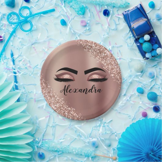 Assiettes En Carton Rose Gold Blush Pink Monogram Glitter Eyelashes (Fête)