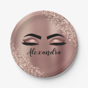 Assiettes En Carton Rose Gold Blush Pink Monogram Glitter Eyelashes