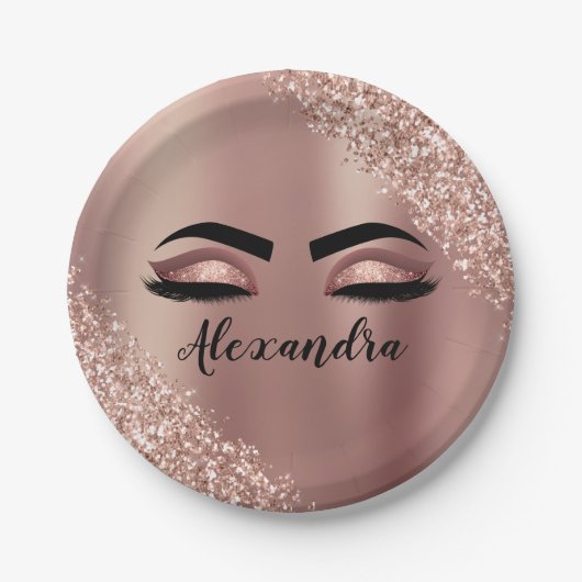 Assiettes En Carton Rose Gold Blush Pink Monogram Glitter Eyelashes (Devant)