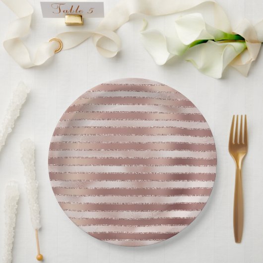 Assiettes En Carton Rose Gold Blush Pink Stripes Glitz (Mariage)