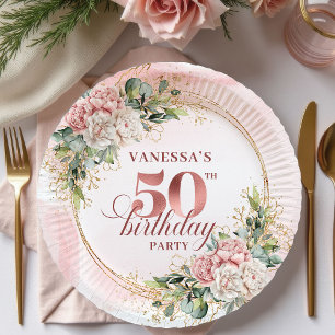 Assiettes En Carton Rose Gold Chic Blush Floral Greenery 50e Anniversa