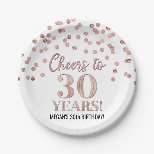 Assiettes En Carton Rose Gold Confetti fête ses 30 ans d'anniversaire (Devant)