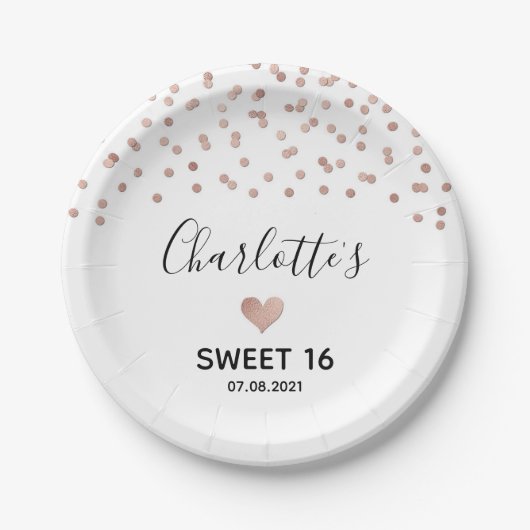 Assiettes En Carton Rose Gold Confetti Sweet 16 Anniversaire (Devant)