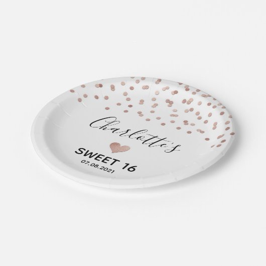 Assiettes En Carton Rose Gold Confetti Sweet 16 Anniversaire (Angle)