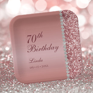 Assiettes En Carton Rose Gold Élégant 70e Anniversaire