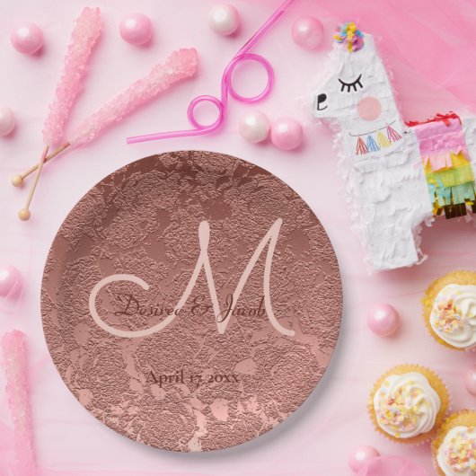 Assiettes En Carton Rose Gold Elegant Mariage Réception Monogramme (Fête)