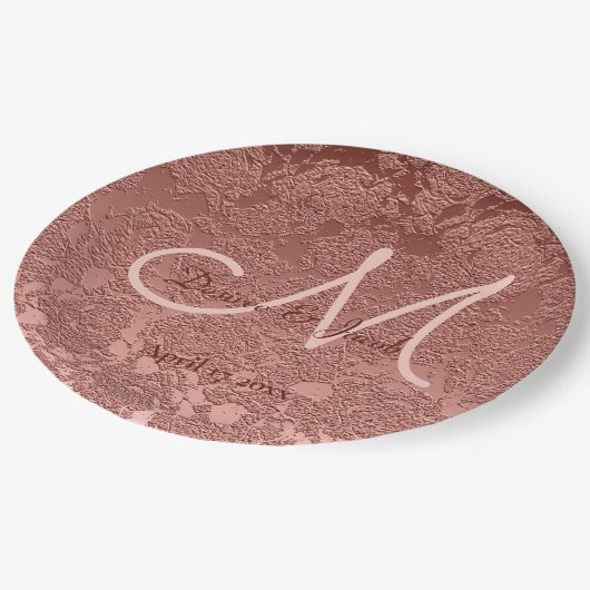 Assiettes En Carton Rose Gold Elegant Mariage Réception Monogramme (Angle)