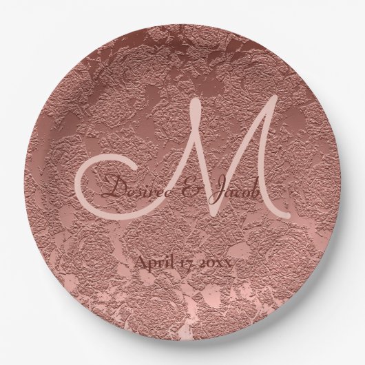 Assiettes En Carton Rose Gold Elegant Mariage Réception Monogramme (Devant)