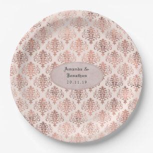 Assiettes En Carton Rose Gold et Blush Papier Damassé pour Mariage