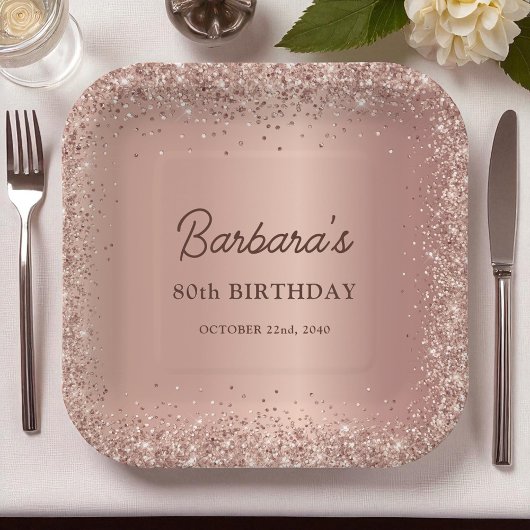 Assiettes En Carton Rose Gold Foil Glitter 80th Birthday Name