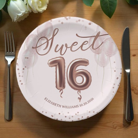 Assiettes En Carton Rose Gold Foil Sweet 16 Ballons d'anniversaire ros