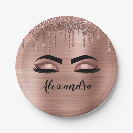 Assiettes En Carton Rose Gold Glitter Sparkle Eyelashes Monogram (Devant)