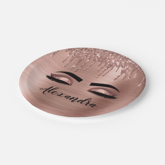 Assiettes En Carton Rose Gold Glitter Sparkle Eyelashes Monogram (Angle)