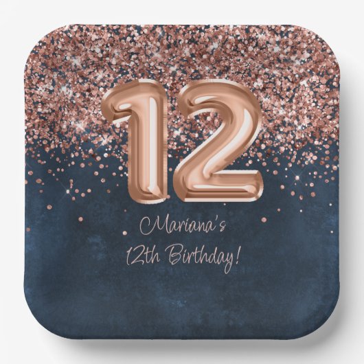 Assiettes En Carton Rose Gold Navy Blue 12e fête d'anniversaire (Recto)