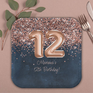 Assiettes En Carton Rose Gold Navy Blue 12e fête d'anniversaire