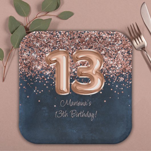 Assiettes En Carton Rose Gold Navy Blue 13e fête d'anniversaire