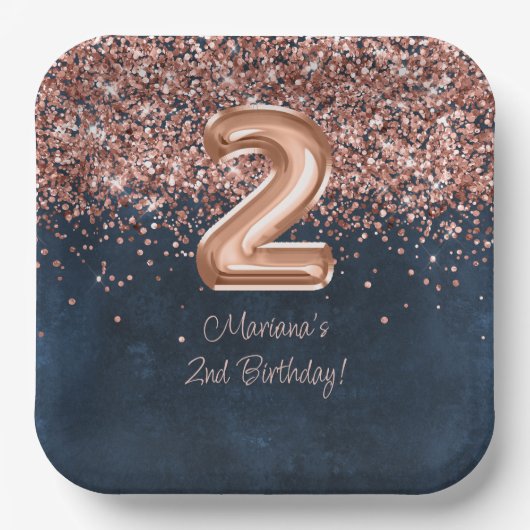 Assiettes En Carton Rose Gold Navy Blue 2e fête d'anniversaire (Recto)
