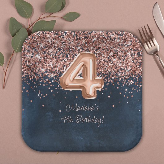 Assiettes En Carton Rose Gold Navy Blue 4th Birthday Party