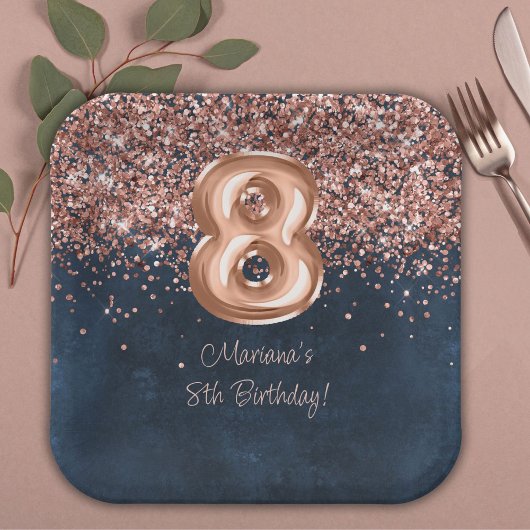Assiettes En Carton Rose Gold Navy Blue 8e fête d'anniversaire