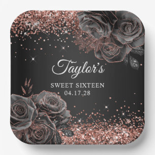 Assiettes En Carton Rose Gold Noir Pailleté Floral Glam Sweet Seize An