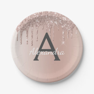 Assiettes En Carton Rose Gold Pailleté et Étincelant Anniversaire Mono