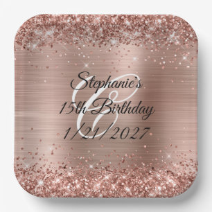 Assiettes En Carton Rose Gold Pailleté et Feuille pour 15e Anniversair