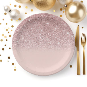 Assiettes En Carton Rose Gold Paillettes Blush Rose Ombré
