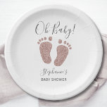 Assiettes En Carton Rose Gold Parties scintillant Baby shower pieds bé<br><div class="desc">Ces mignonnes plaques en papier Baby shower sont décorées de parties scintillant en or rose rose rousse pieds bébé et Oh Baby! dans la typographie stylisée. Facile à personnaliser.</div>