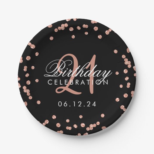 Assiettes En Carton Rose Gold Parties scintillant Confetti Black 21e a (Devant)
