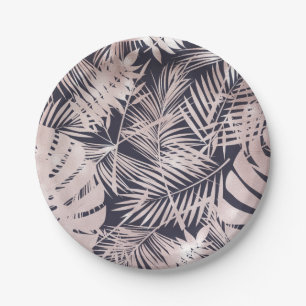 Assiettes En Carton Rose Gold Pink Dark Tropical Palm Tree Leaves